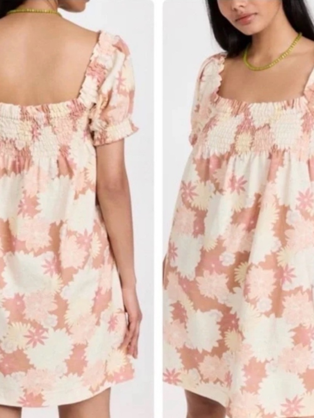 Faherty Floral Smocked Mini Dress Puff Sleeve Cottagecore Prairie Boho S